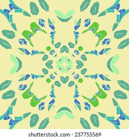 Circular seamless  pattern of colored floral motif on a light yellow  background. Handmade.