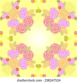 Circular seamless  pattern of colored floral motif,rose flowers on a light yellow gradient  background. Handmade.