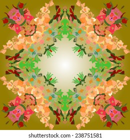Circular seamless  pattern of colored floral motif, flowers,gladioli on a gradient  background. Handmade.