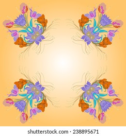 Circular seamless  pattern of colored floral motif, flowers,tulips, crocuses on a gradient  background. Handmade.