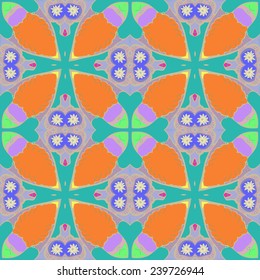 Circular seamless pattern of colored floral motif on an azure background. Handmade.