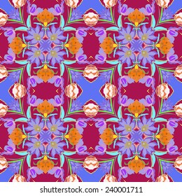 Circular seamless pattern of colored  floral motif, leaves, spots on a dark pink background. Handmade.