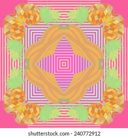 Circular seamless pattern of colored floral motif, banana, pineapple, leaves on a   pink background. Hand drawn.