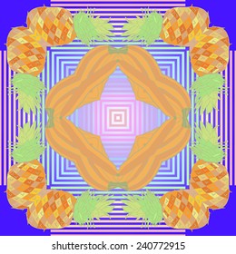 Circular seamless pattern of colored floral motif, banana, pineapple, leaves on a gradient blue background. Hand drawn.