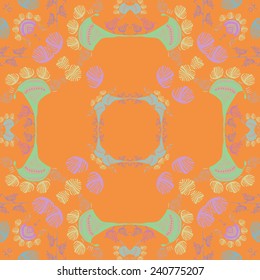 Circular seamless pattern of colored floral motif, branches, leaves on an orange  background. Hand drawn.