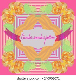 Circular seamless pattern of colored floral motif, banana, pineapple, leaves and label, text on a   pink background. Hand drawn.