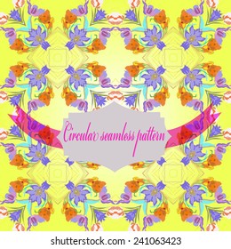 Circular seamless pattern of colored floral motif,crocuses, tulips, leaves, label, text on a  gradient yellow background. Hand drawn.