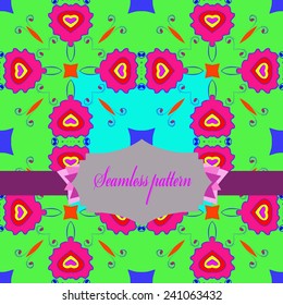 Circular seamless pattern of colored floral motif, label, text on a light green  background. Hand drawn.