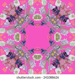 Circular seamless pattern of colored floral motif,crocuses, tulips, hyacinths, leaves on a pink background. Hand drawn.