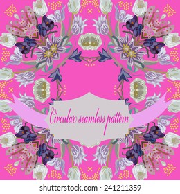 Circular seamless pattern of colored floral motif,crocuses, tulips, hyacinths, label, text on a pink background. Hand drawn.
