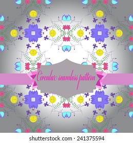 Circular seamless pattern of colored floral motif, branches, butterflies, label, text on a gray gradient background. Hand drawn.