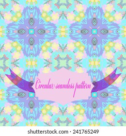Circular seamless pattern of colored floral motif,  spots, label, text  on a light azure background. Hand  drawn.