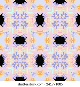 Circular seamless pattern of colored floral motif,  spots on a black background. Hand drawn.