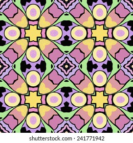 Circular seamless pattern of colored floral motif,  spots on a  black  background. Hand drawn.