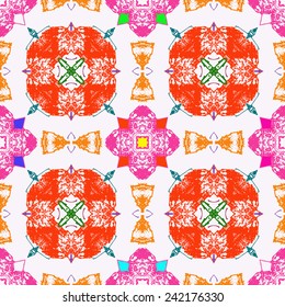 Circular seamless pattern of colored floral motifs on a white background.