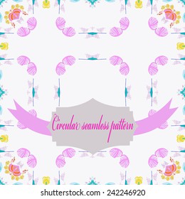 Circular seamless pattern of colored floral motifs, label, text on a   white background. Handmade.