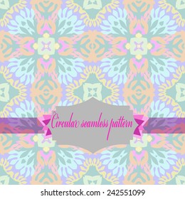 Circular seamless pattern of colored floral motif,  spots, leaves, label, text  on a light blue background. Handmade.