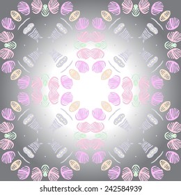 Circular seamless pattern of colored floral motif,  spots on a gradient gray background. Hand drawn.