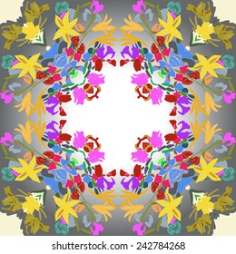 Circular seamless pattern of colored floral motifs,yellow flowers, leaves  on a gradient background. Hand drawn.