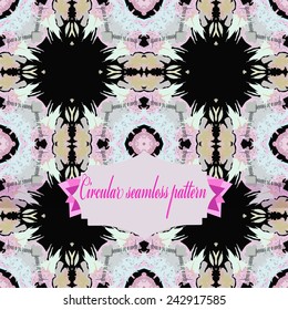 Circular seamless pattern of colored floral motif,  spots , label, text  on a black background. Hand drawn.