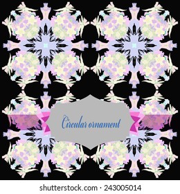 Circular seamless pattern of colored floral motif,  spots, label, text  on a black   background. Hand drawn.