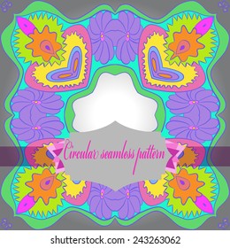 Circular seamless pattern of colored floral motifs, label, text    on a  gradient  background. Hand drawn.