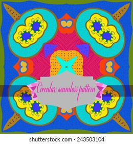Circular seamless pattern of colored floral motifs, label   on a dark  yellow  background. Hand drawn.
