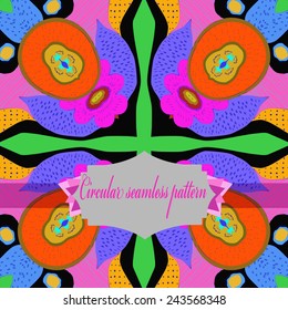 Circular seamless pattern of colored floral motifs, label   on a black  background. Hand drawn. 