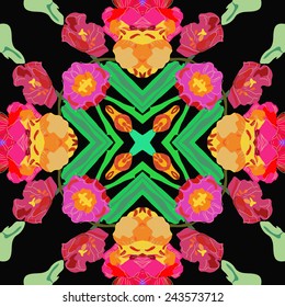 Circular seamless pattern of colored floral motif, tulips    on a  black  background. Hand drawn.