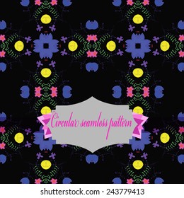 Circular seamless pattern of colored floral motifs, label  on a white  background. Hand drawn.