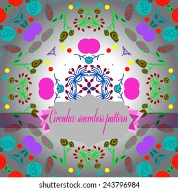 Circular seamless pattern of colored floral motifs, label   on a gradient   background. Hand drawn.