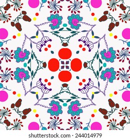 Circular seamless pattern of colored floral motifs   on a  white background. Hand drawn.