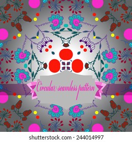 Circular seamless pattern of colored floral motifs, label   on a gradient  background. Hand drawn.