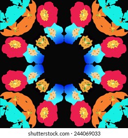 Circular seamless pattern of colored floral motifs  on a black    background. Hand drawn.