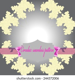 Circular seamless pattern of colored floral motifs, label on a  gradient gray background. Hand drawn.