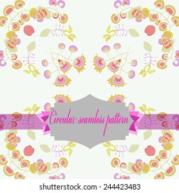 Circular seamless pattern of colored floral motifs, label   on a  white background. Hand drawn.