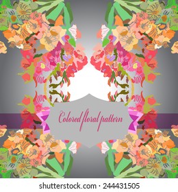 Circular seamless  pattern of colored floral motif, label on a gradient gray background. Hand drawn.