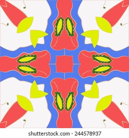 Circular seamless pattern of colored floral motifs,  leaves  on a white background. Hand drawn.