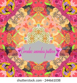 Circular seamless pattern of colored floral motif, label on a  gradient gray  background. Hand drawn.