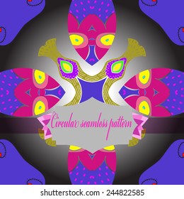 Circular seamless  pattern of colored floral motif, label on a gradient gray  background. Hand drawn.