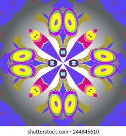 Circular seamless  pattern of colored floral motif  on a  gradient gray background. Hand drawn.