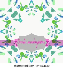 Circular seamless  pattern of colored floral motif, label on a  white  background. Hand drawn.