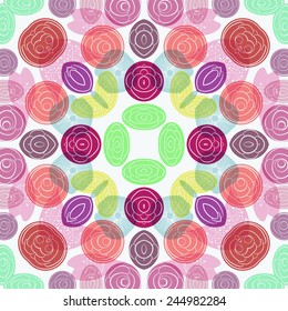 Circular seamless  pattern of colored floral motif on a  white  background. Hand drawn.