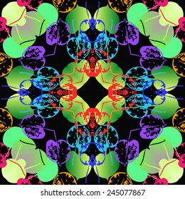 Circular seamless  pattern of colored floral motif,autumn leaves  on a  black  background. Hand drawn.