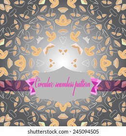 Circular seamless  pattern of colored floral motif, mushrooms, label  on a gradient gray    background. Hand drawn.