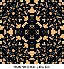 Circular seamless  pattern of colored floral motif, mushrooms  on a  black  background. Hand drawn.