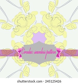 Circular seamless  pattern of colored floral motif, branches, label on a white  background. Hand drawn.