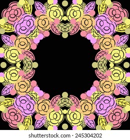 Circular  seamless  pattern of colored floral motif,rose flowers  on a  black  background. Hand drawn.