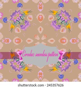 Circular seamless  pattern of colored floral motif, flowers, crocuses, label on a pale orange background. Hand drawn. 