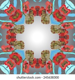 Circular seamless  pattern of colored floral motif, flowers, tulips on a gradient gray background. Hand drawn.